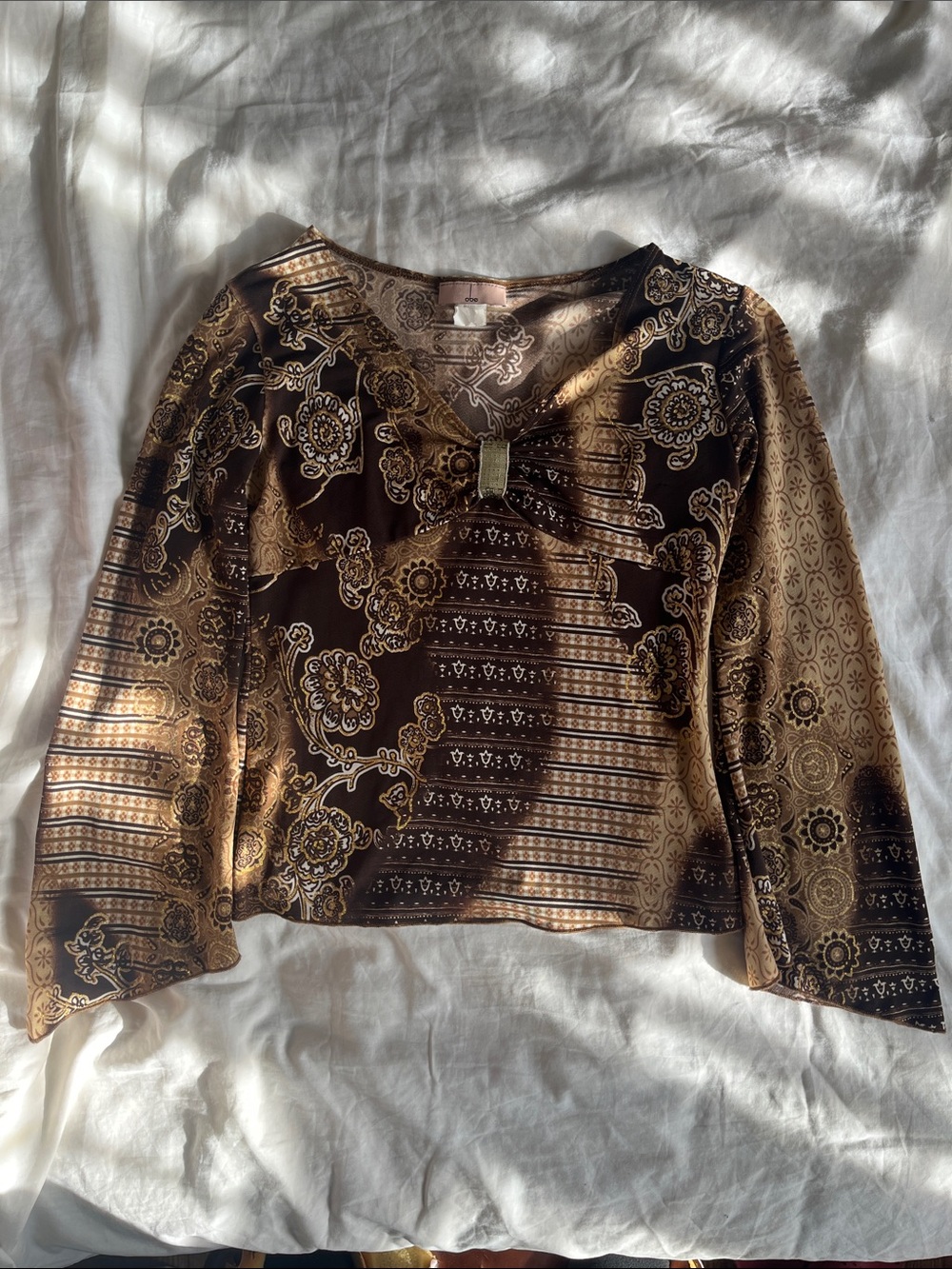 Womens Brown Paisley V-Neck Long Sleeve Top